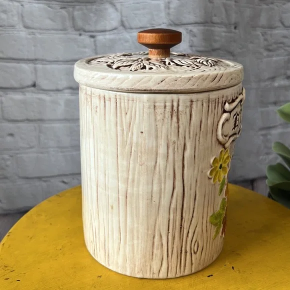 Treasure craft flour floral canister retro vintage 60s 70s BoHo bohemian wood - Picture 2 of 10
